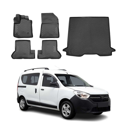 Fußmatten & Kofferraumwanne Set für Dacia Dokker 2018-2021 Gummi TPE Schwarz 5x