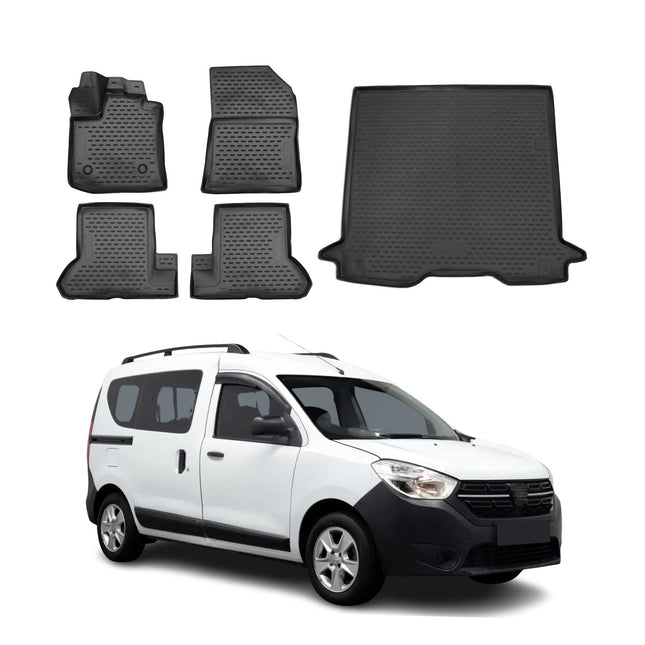 Fußmatten & Kofferraumwanne Set für Dacia Dokker 2018-2021 Gummi TPE Schwarz 5x