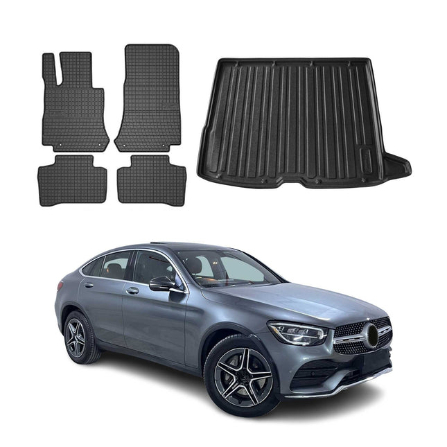 Fußmatten & Kofferraumwanne Set für Mercedes GLC 2015-2022 Gummi TPE Schwarz 5x