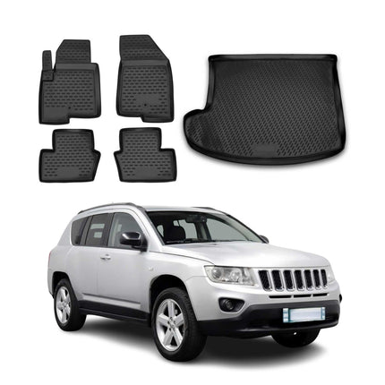 Fußmatten & Kofferraumwanne Set für Jeep Compass 2011-2016 Gummi TPE Schwarz 5x