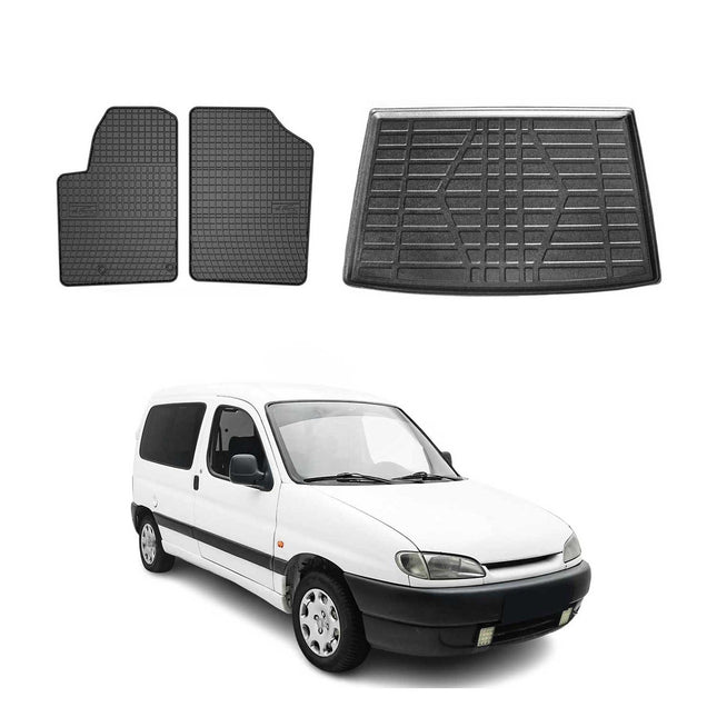 Fußmatten & Kofferraumwanne Set für Peugeot Partner 1996-2008 Gummi Schwarz 3x