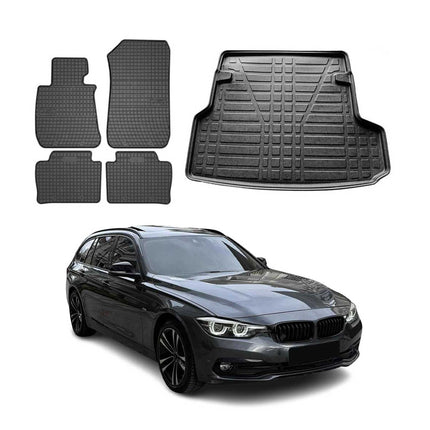 Fußmatten & Kofferraumwanne Set für BMW 3er F31 2014-2019 Gummi TPE Schwarz 5x