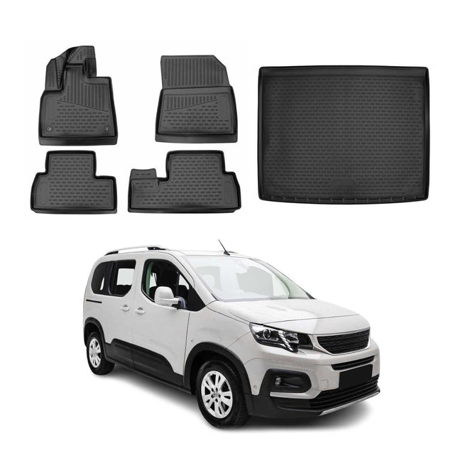 Fußmatten & Kofferraumwanne Set für Peugeot Rifter 2018-2024 L1 Schwarz