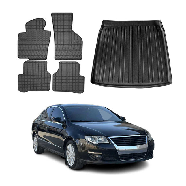 Fußmatten & Kofferraumwanne Set für VW Passat Limo 2005-2010 Untere Schwarz