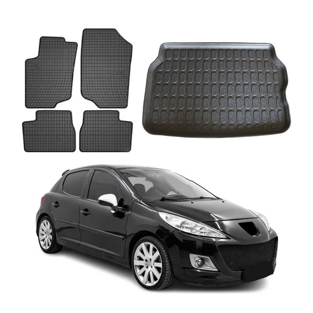 Fußmatten & Kofferraumwanne Set für Peugeot 207 Schrägheck 2006-2012 Gummi 5x