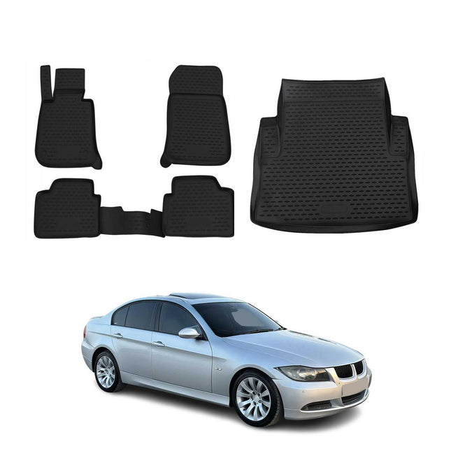Fußmatten & Kofferraumwanne Set für BMW 3er E90 2005-2013 Gummi TPE Schwarz 5x
