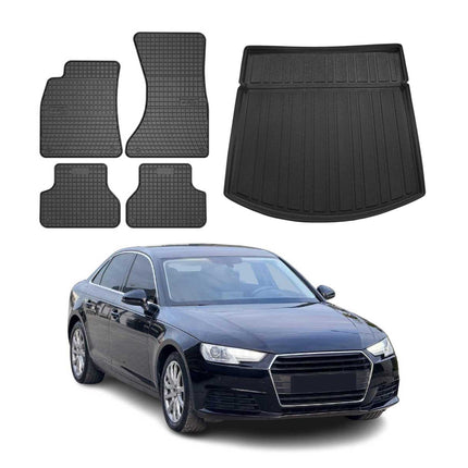Fußmatten & Kofferraumwanne Set für Audi A4 S4 B9 Limo 2016-2025 Schwarz 5x