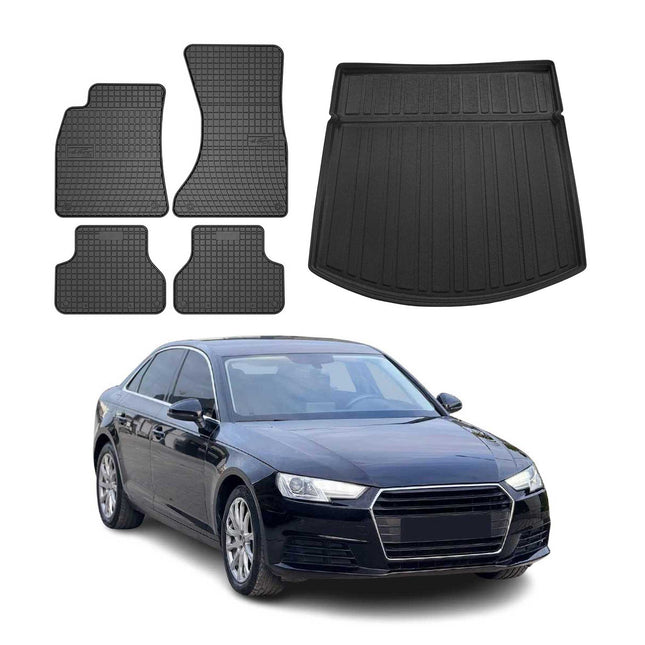 Fußmatten & Kofferraumwanne Set für Audi A4 S4 B9 Limo 2016-2025 Schwarz 5x