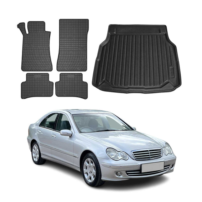 Fußmatten & Kofferraumwanne Set für Mercedes C Klasse W203 2000-2007 Gummi 5x