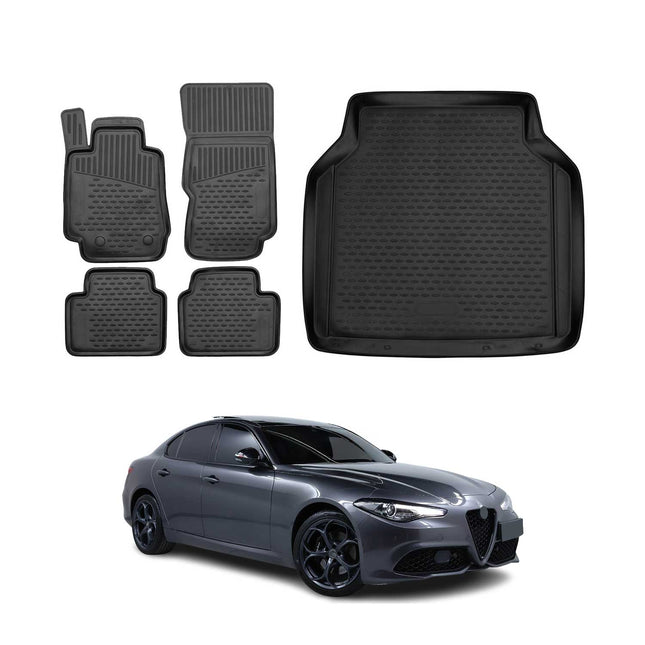 Fußmatten & Kofferraumwanne Set für Alfa Romeo Giulia 4 2015-2026 TPE Schwarz
