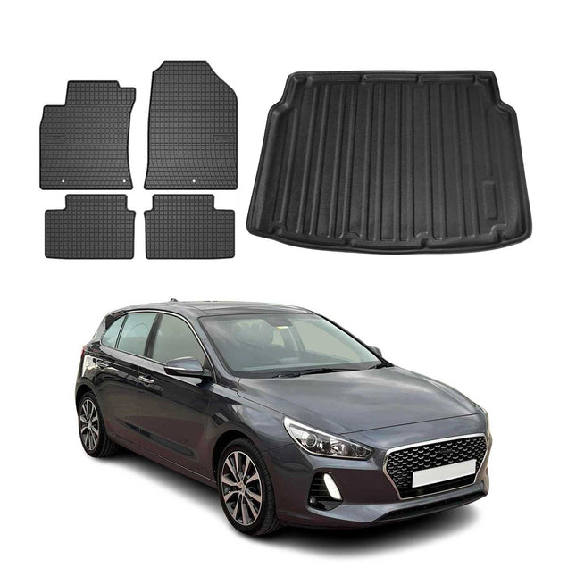 Fußmatten & Kofferraumwanne Set für Hyundai i30 Schrägheck 2017-2026 Gummi 5x