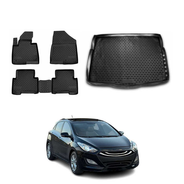 Fußmatten & Kofferraumwanne Set für Hyundai i30 2011-2016 5tür 3D TPE Schwarz