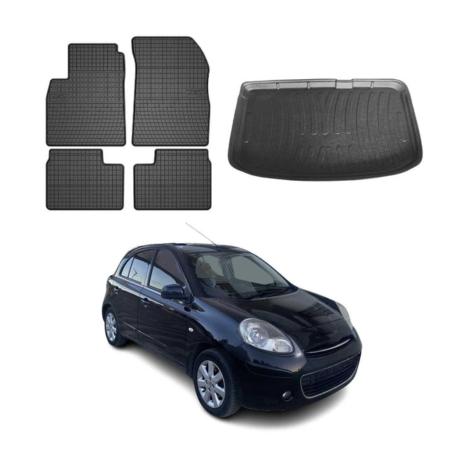 Fußmatten & Kofferraumwanne Set für Nissan Micra K13 2010-2017 Gummi Schwarz 5x