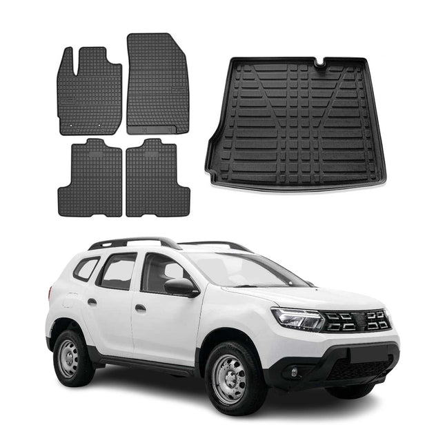 Fußmatten & Kofferraumwanne Set für Dacia Duster II 2018-24 Gummi Schwarz TPE 5x