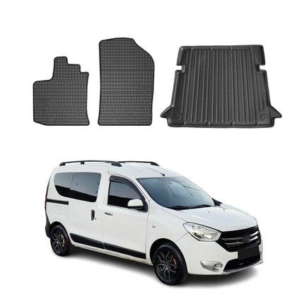 Fußmatten & Kofferraumwanne Set für Dacia Dokker 2012-2024 Gummi TPE Schwarz 3x