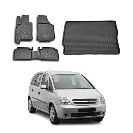 Fußmatten & Kofferraumwanne Set für Opel Meriva 2003-2009 Gummi TPE Schwarz 5x