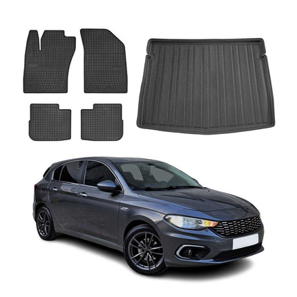Fußmatten & Kofferraumwanne Set für Fiat Tipo Schrägheck 2015-2026 Gummi 5x