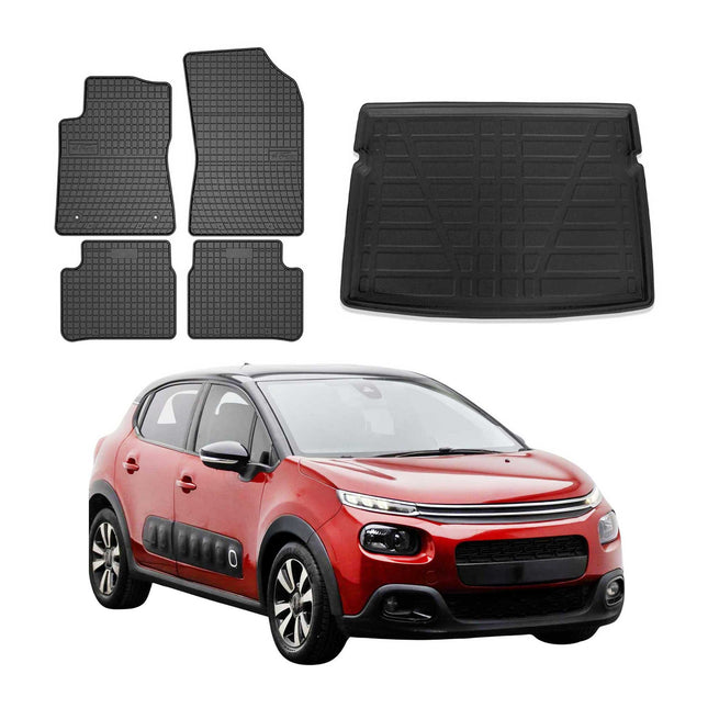 Fußmatten & Kofferraumwanne Set für Citroen C3 Schrägheck 2016-2024 Gummi 5x