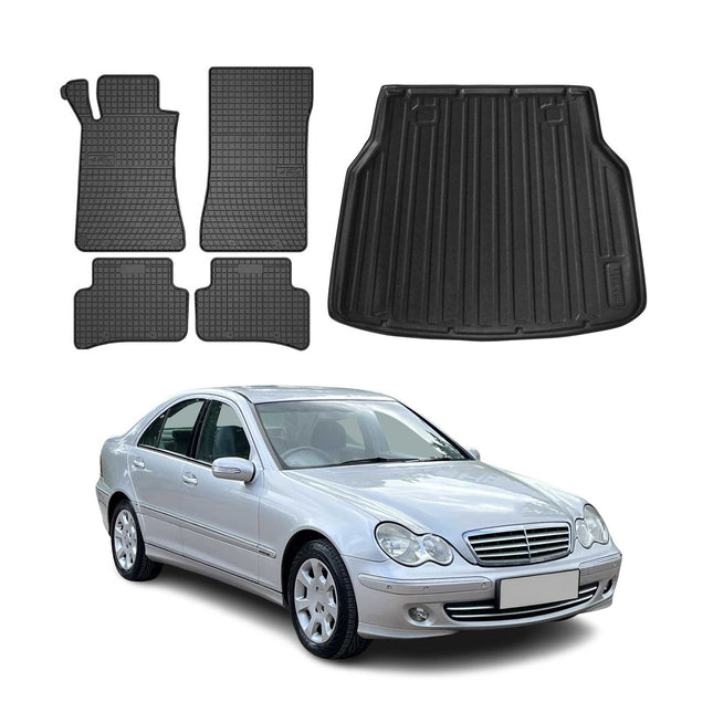 Fußmatten & Kofferraumwanne Set für Mercedes C Klasse S203 2001-2007 Gummi 5x