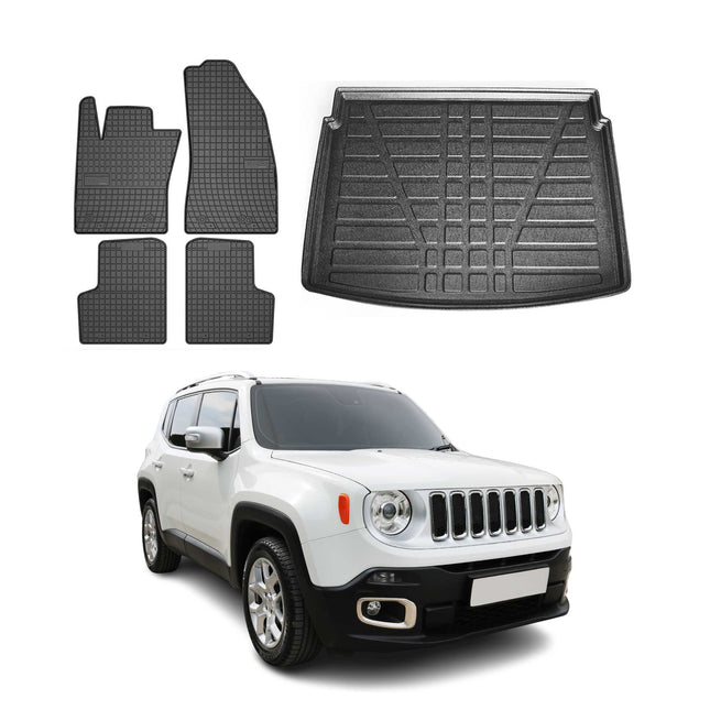 Fußmatten & Kofferraumwanne Set für Jeep Renegade 2014-2024 Gummi Schwarz 5x