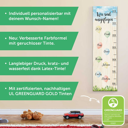 SEO. Messlatte als Abschiedsgeschenk - Ballons - mit Namen der Kinder aus Holz - Linkreich