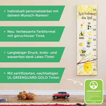 SEO. Messlatte als Abschiedsgeschenk - Bienen - mit Namen der Kinder aus Holz - Linkreich