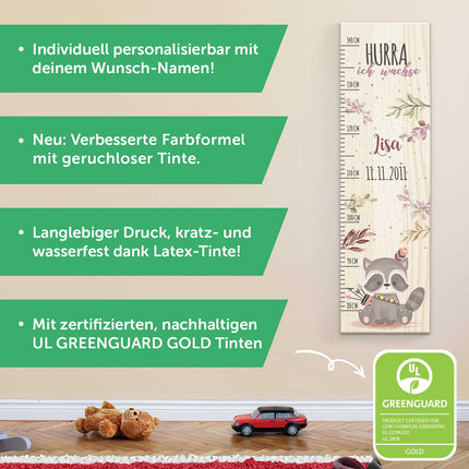 SEO. Messlatte mit Namen für Kinder im Waschbär Design - Linkreich