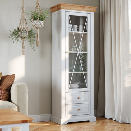 SEO. Milano Elite Massivholz Kiefer Schubladen Vitrine 1 - Türig | Farbe Weiß/Kiefer - Linkreich