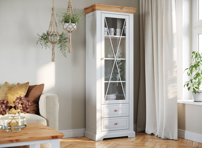 SEO. Milano Elite Massivholz Kiefer Schubladen Vitrine 1 - Türig | Farbe Weiß/Kiefer - Linkreich