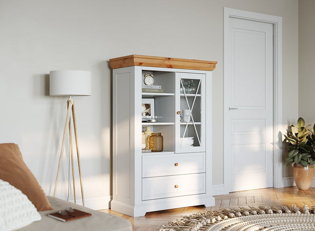 SEO. Milano Elite Massivholz Kiefer Vitrine 1.3 | Farbe Weiß/Kiefer - Linkreich
