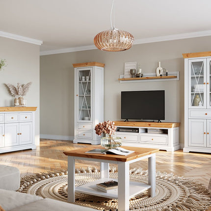 SEO. Milano Elite Massivholz Kiefer Vitrine 2D | Farbe Weiß/Kiefer - Linkreich