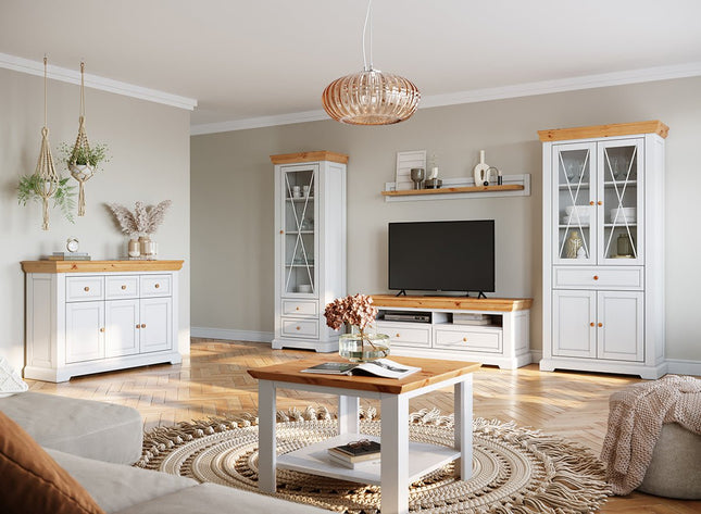SEO. Milano Elite Massivholz Kiefer Vitrine 2D | Farbe Weiß/Kiefer - Linkreich