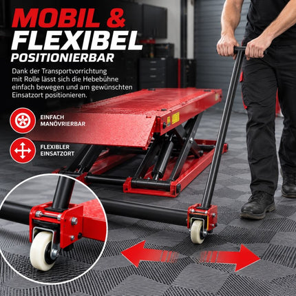 Mobile Scherenhebebühne – Mittelhub 3.500 kg, Hubhöhe 110–1.200 mm, mit Auffahrrampen und Transportrollen