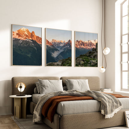 Chamonix Alps Sunset Triptych - Aiguille Verte, Mer de Glace & Grandes Jorasses Wall Art