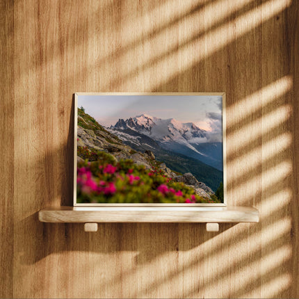 Mont Blanc Sunset Wall Art Print – Chamonix Alpine Landscape with Flowers