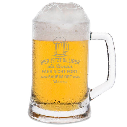 SEO. Montana Bierkrug mit Gravur "Bier jetzt billiger als Benzin" mit Namen - 0,3 L Linkreich