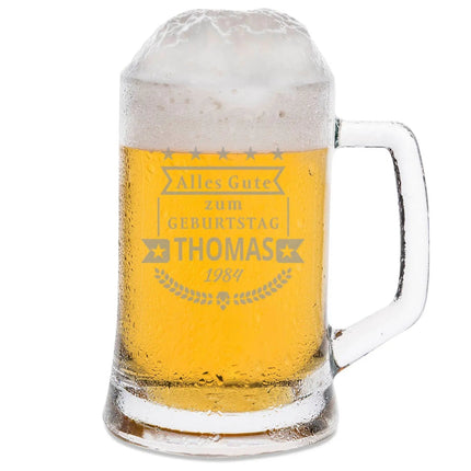 SEO. Montana Bierkrug mit Gravur "Happy Birthday" mit Namen - 0,3 L Linkreich
