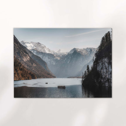 Königssee Lake Print – Bavarian Alps Landscape with Boats and Cliffs