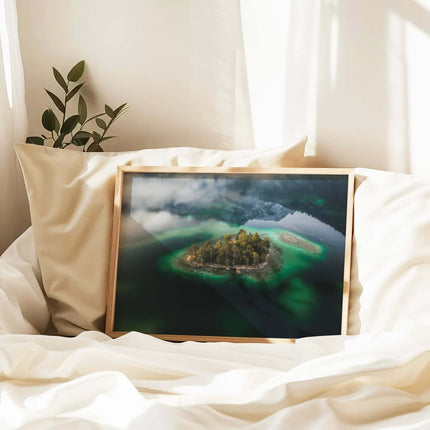 Eibsee Aerial Island Print – Bavarian Alps Landscape Photography Wall Art