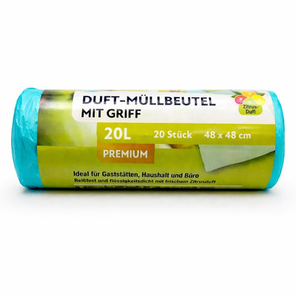 SEO. Müllbeutel 20 Liter mit Tragegriff & Zitrusduft – 20er Rolle | Reißfeste Premium Mülltüten - 1 Linkreich