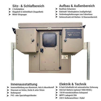 Muflon Camper Pop - Up Absetzkabine – Braun Matt, 2 Schlafplätze, Aufstelldach (Doppelbett), Diesel - Standheizung, Mittelsitzgruppe, Aluminium - Leichtbau (Absetzkabinen) kaufen bei Linkreich – Jetzt entdecken!