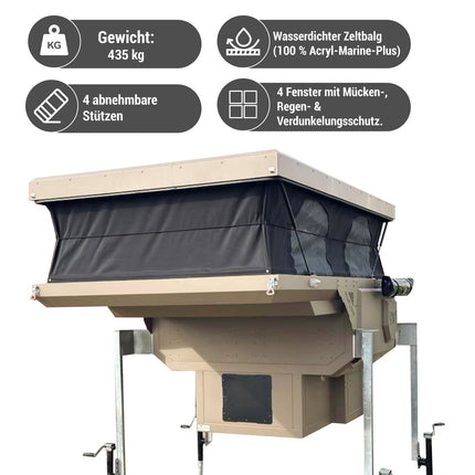 Muflon Camper Pop - Up Absetzkabine – Braun Matt, 2 Schlafplätze, Aufstelldach (Doppelbett), Diesel - Standheizung, Mittelsitzgruppe, Aluminium - Leichtbau (Absetzkabinen) kaufen bei Linkreich – Jetzt entdecken!