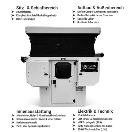Muflon Camper Pop - Up Absetzkabine – Weiß Matt, Diesel - Standheizung, 2 Schlafplätze, Aufstelldach & Mittelsitzgruppe (Wohnkabinen) kaufen bei Linkreich – Jetzt entdecken!