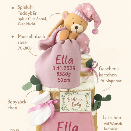 Premium Windeltorte rosa | Spieluhr Teddybär, Musselintuch, Lätzchen | Personalisierbar | 4-stöckig