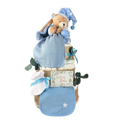 Premium Windeltorte blau | Spieluhr Teddybär, Musselintuch, Lätzchen | Personalisierbar | 4-stöckig