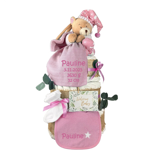 Premium Windeltorte rosa | Spieluhr Teddybär, Musselintuch, Lätzchen | Personalisierbar | 4-stöckig