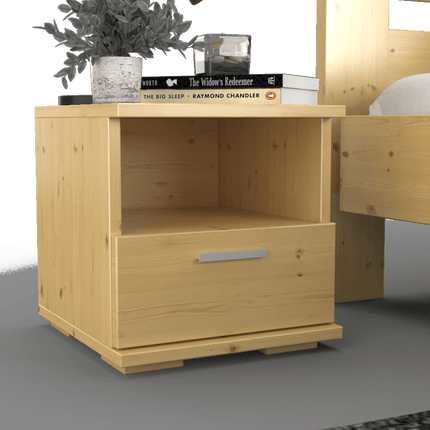 SEO. Nobis Kiefer Massivholz Nachttisch mit 1 Schublade und Regal | 100% Bio Kiefer - Natur Linkreich