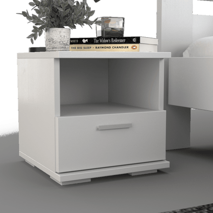 SEO. Nobis Kiefer Massivholz Nachttisch mit 1 Schublade und Regal | 100% Bio Kiefer - Schneeweiss Linkreich