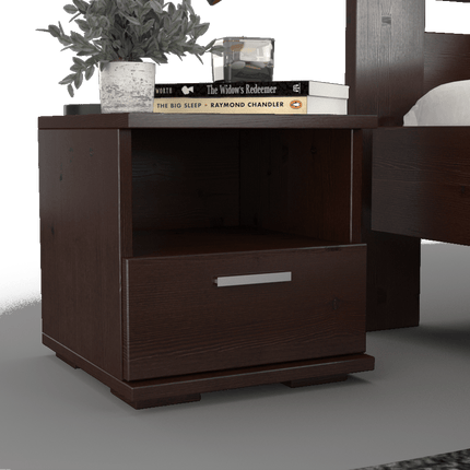 SEO. Nobis Kiefer Massivholz Nachttisch mit 1 Schublade und Regal | 100% Bio Kiefer - Wenge Linkreich