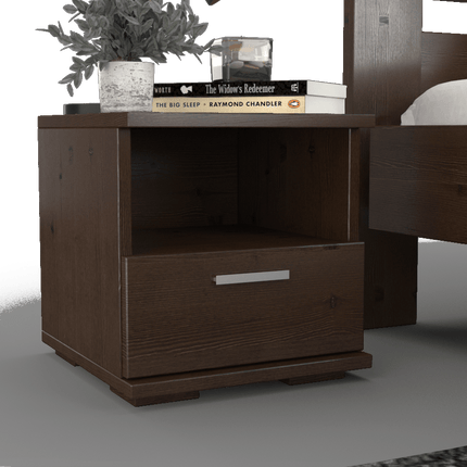 SEO. Nobis Kiefer Massivholz Nachttisch mit 1 Schublade und Regal | 100% Bio Kiefer - Nussbaum Linkreich